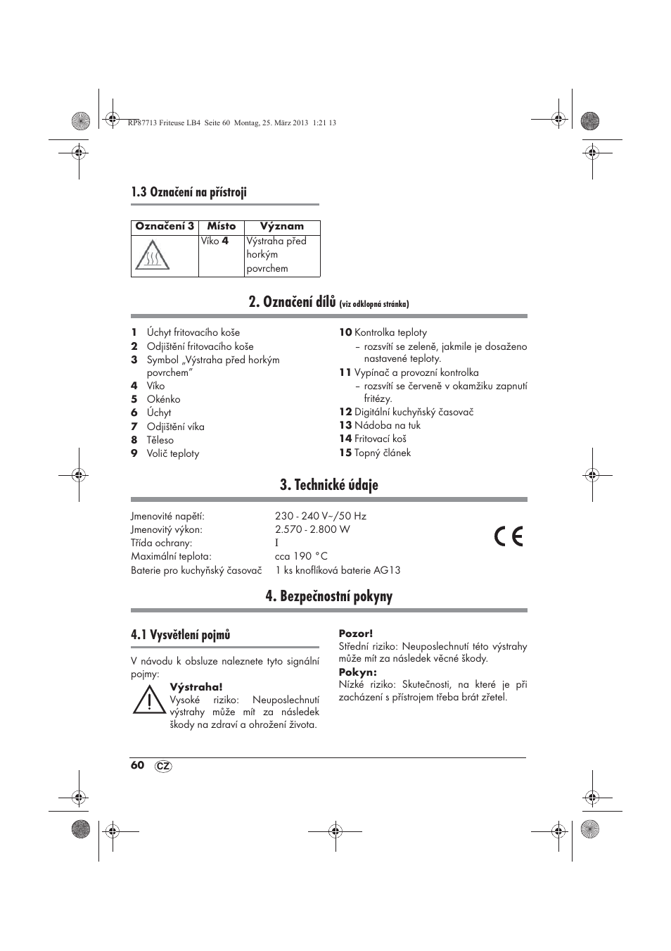 Označení dílů, Technické údaje, Bezpečnostní pokyny | 3 označení na přístroji, 1 vysvětlení pojmů | Silvercrest SKF 2800 A1 User Manual | Page 62 / 102