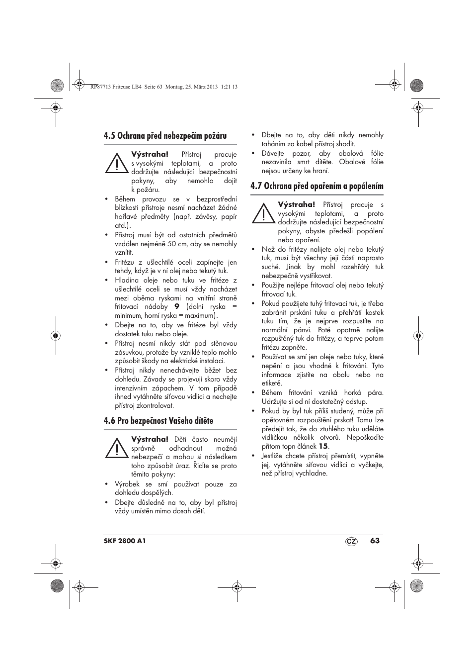 5 ochrana před nebezpečím požáru, 6 pro bezpečnost vašeho dítěte, 7 ochrana před opařením a popálením | Silvercrest SKF 2800 A1 User Manual | Page 65 / 102