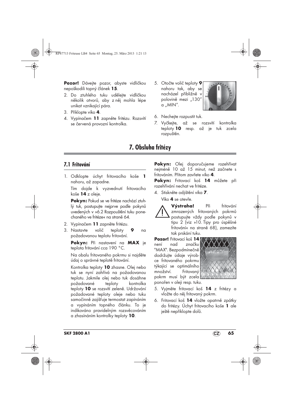 Obsluha fritézy, 1 fritování | Silvercrest SKF 2800 A1 User Manual | Page 67 / 102