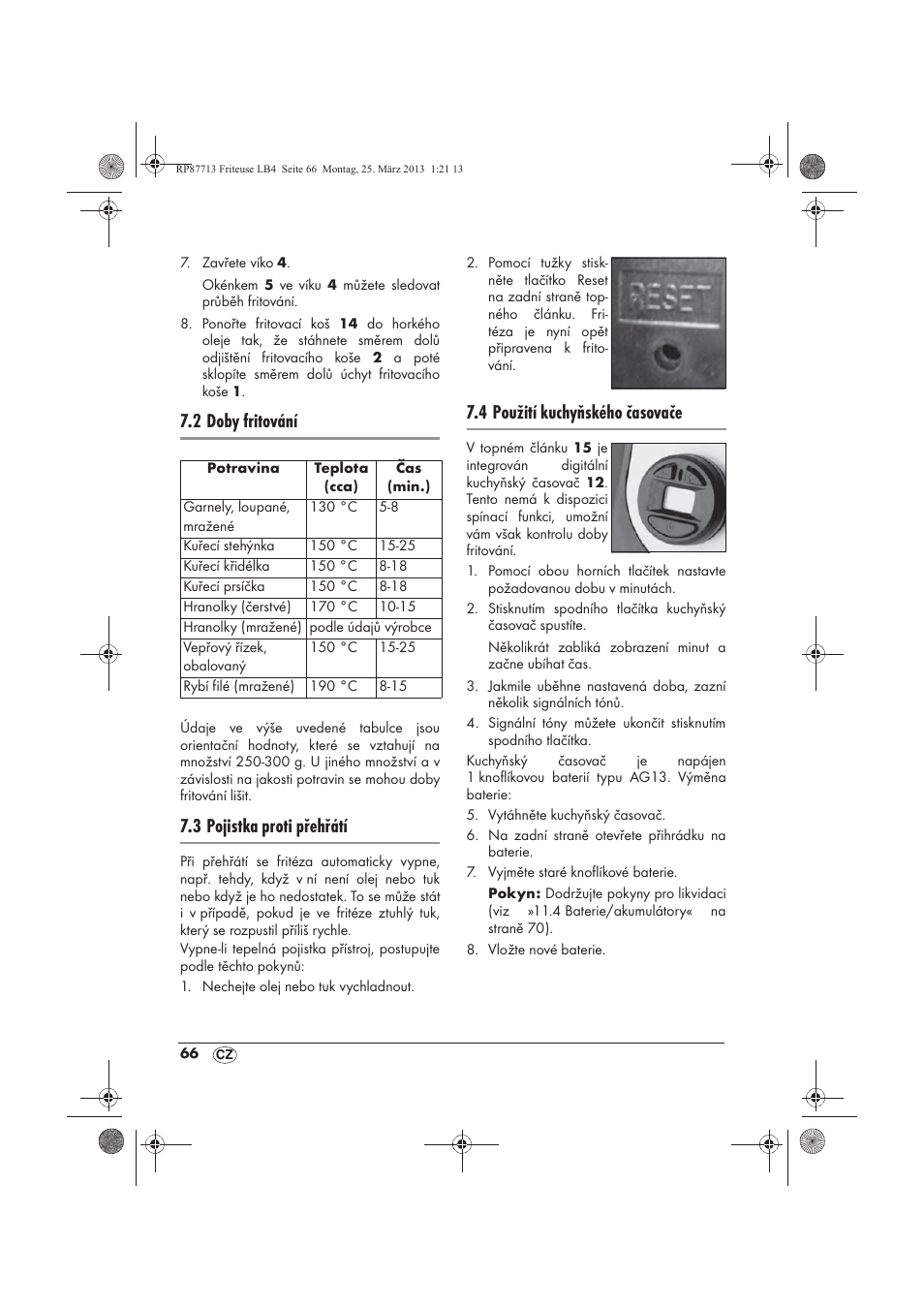 2 doby fritování, 3 pojistka proti přehřátí, 4 použití kuchyňského časovače | Silvercrest SKF 2800 A1 User Manual | Page 68 / 102