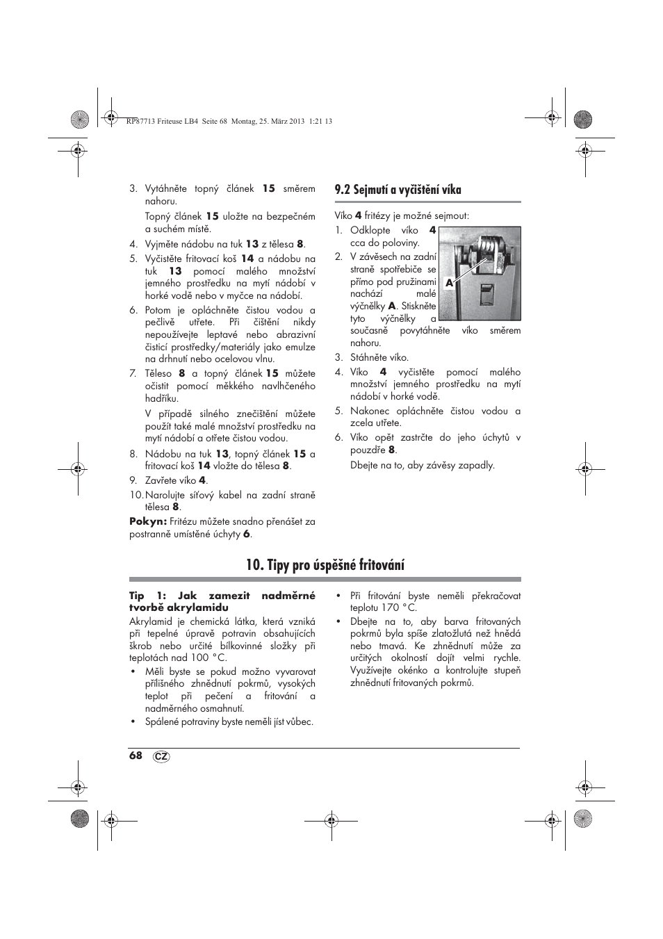 Tipy pro úspěšné fritování, 2 sejmutí a vyčištění víka | Silvercrest SKF 2800 A1 User Manual | Page 70 / 102