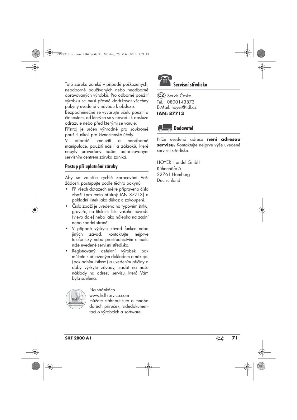 Postup při uplatnění záruky, Servisní středisko, Dodavatel | Silvercrest SKF 2800 A1 User Manual | Page 73 / 102