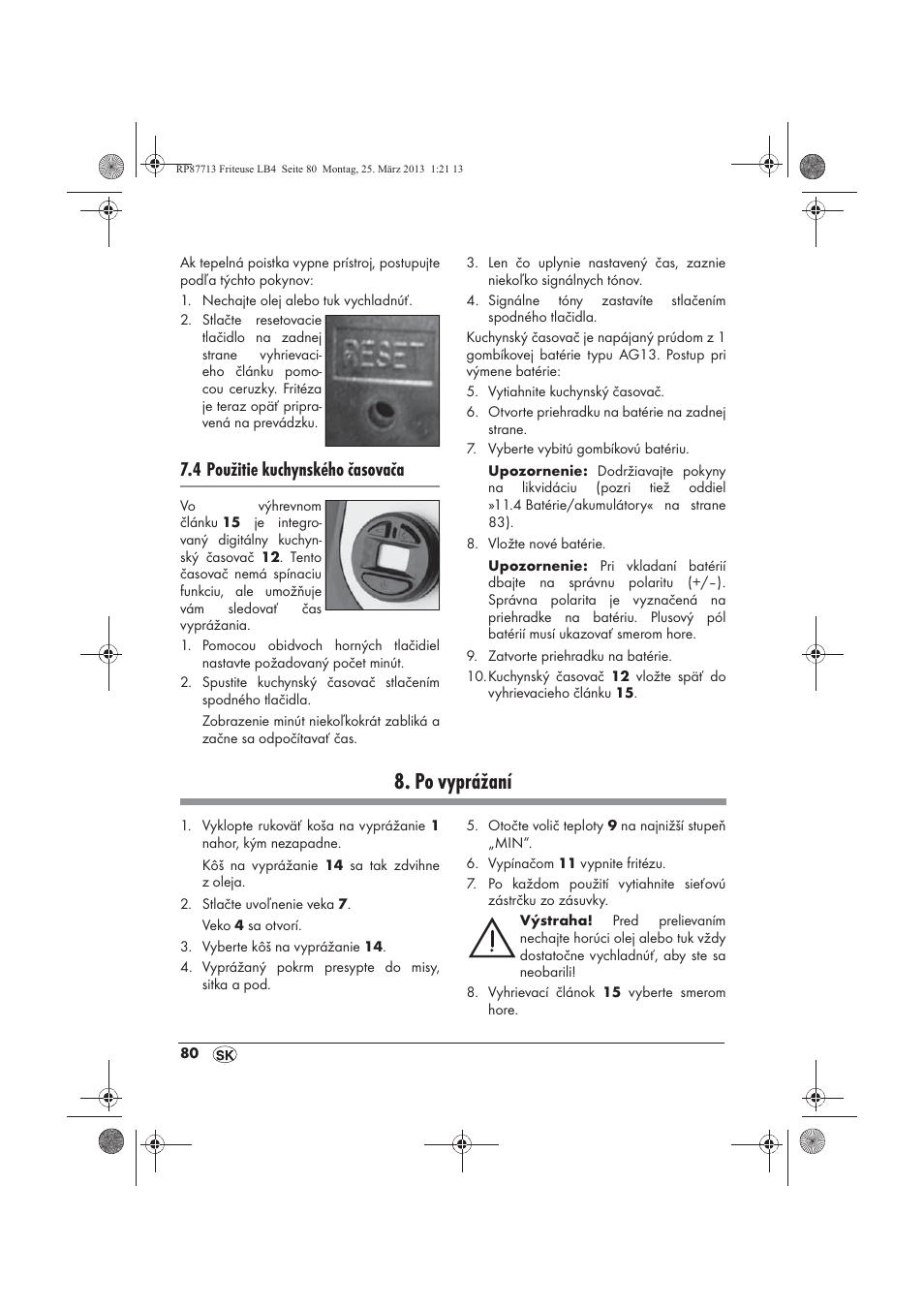 Po vyprážaní, 4 použitie kuchynského časovača | Silvercrest SKF 2800 A1 User Manual | Page 82 / 102