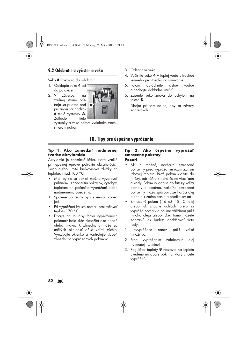 Tipy pre úspešné vyprážanie, 2 odobratie a vyčistenie veka | Silvercrest SKF 2800 A1 User Manual | Page 84 / 102