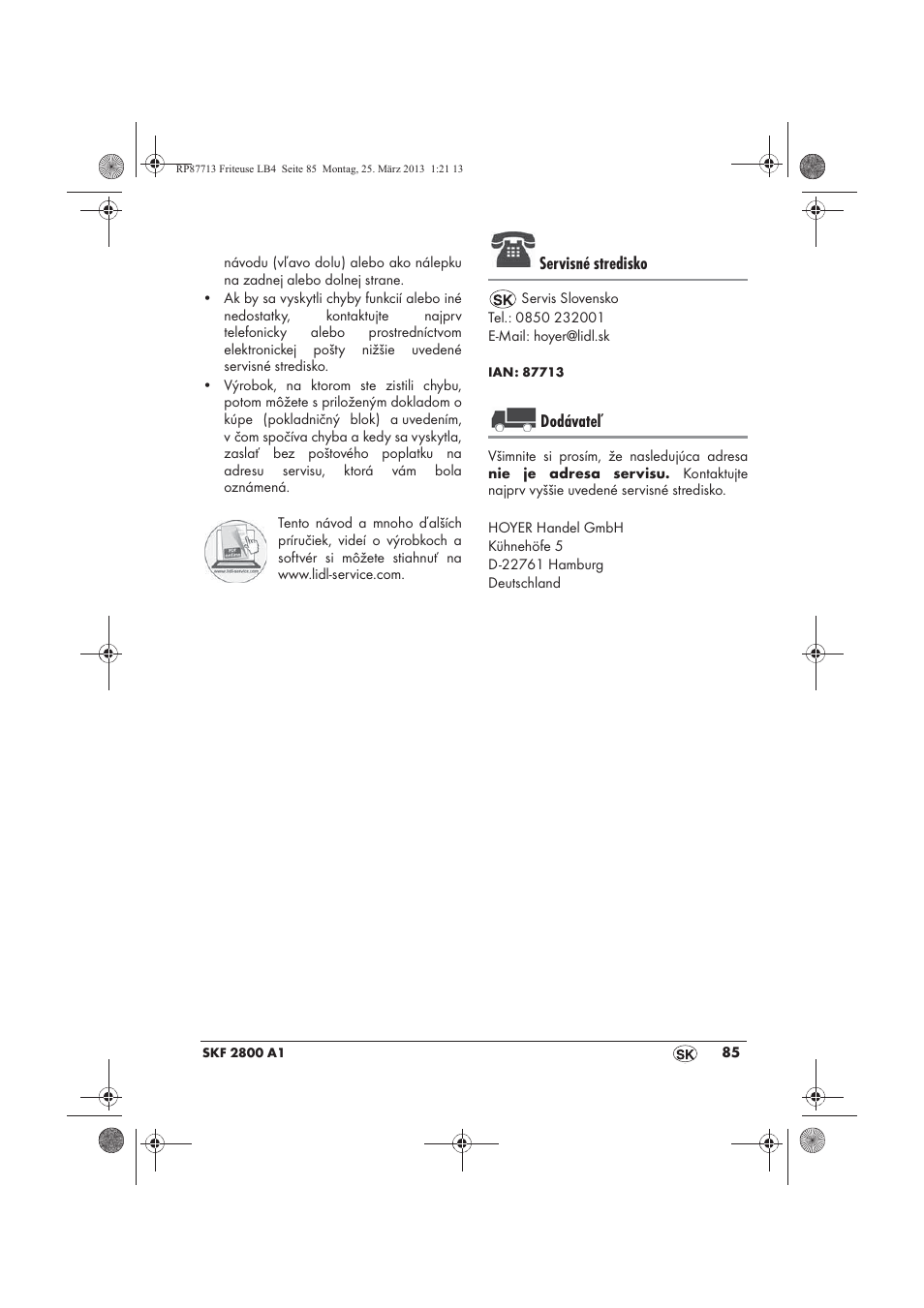 Servisné stredisko, Dodávateľ | Silvercrest SKF 2800 A1 User Manual | Page 87 / 102