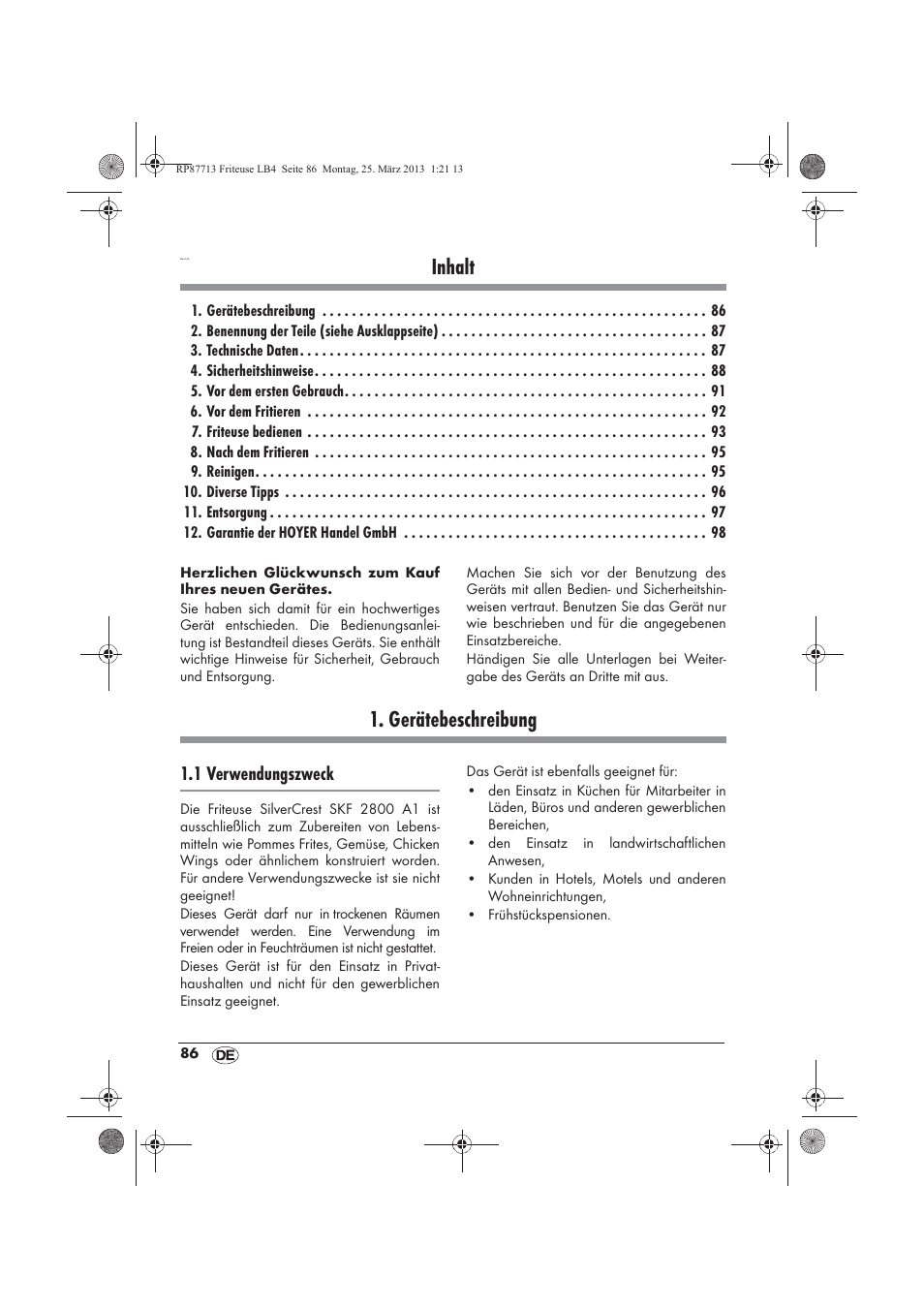Inhalt, Gerätebeschreibung, 1 verwendungszweck | Silvercrest SKF 2800 A1 User Manual | Page 88 / 102