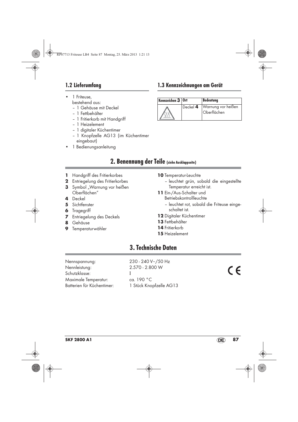 Benennung der teile, Technische daten, 2 lieferumfang | 3 kennzeichnungen am gerät | Silvercrest SKF 2800 A1 User Manual | Page 89 / 102