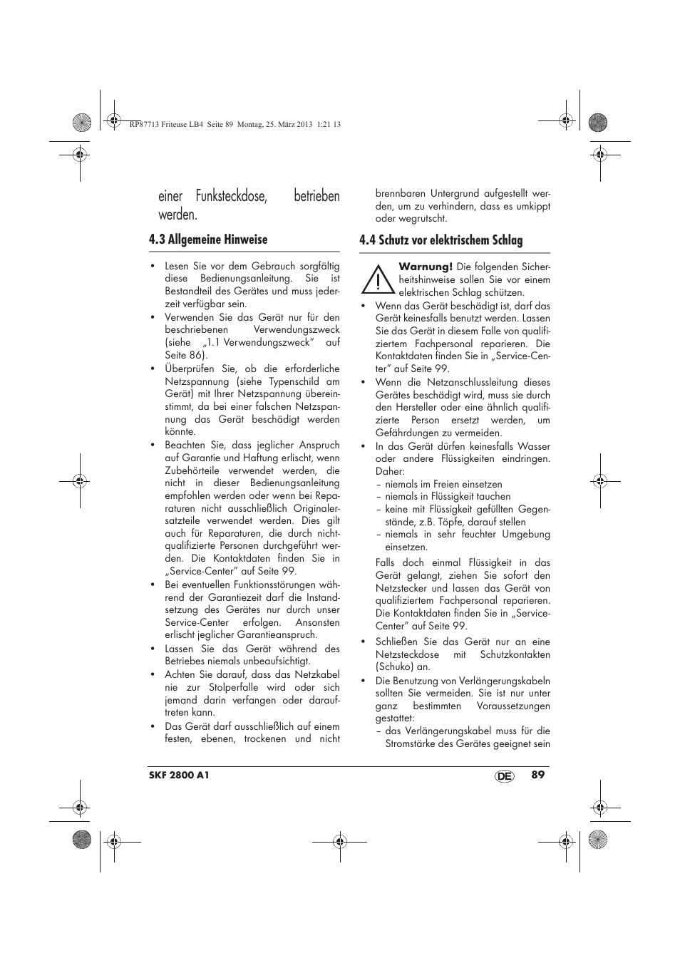 Einer funksteckdose, betrieben werden, 3 allgemeine hinweise, 4 schutz vor elektrischem schlag | Silvercrest SKF 2800 A1 User Manual | Page 91 / 102