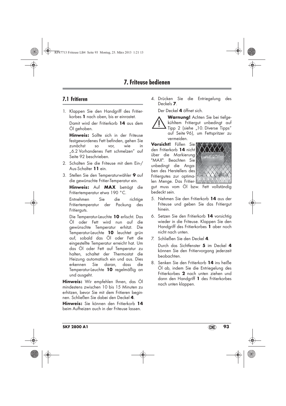 Friteuse bedienen, 1 fritieren | Silvercrest SKF 2800 A1 User Manual | Page 95 / 102