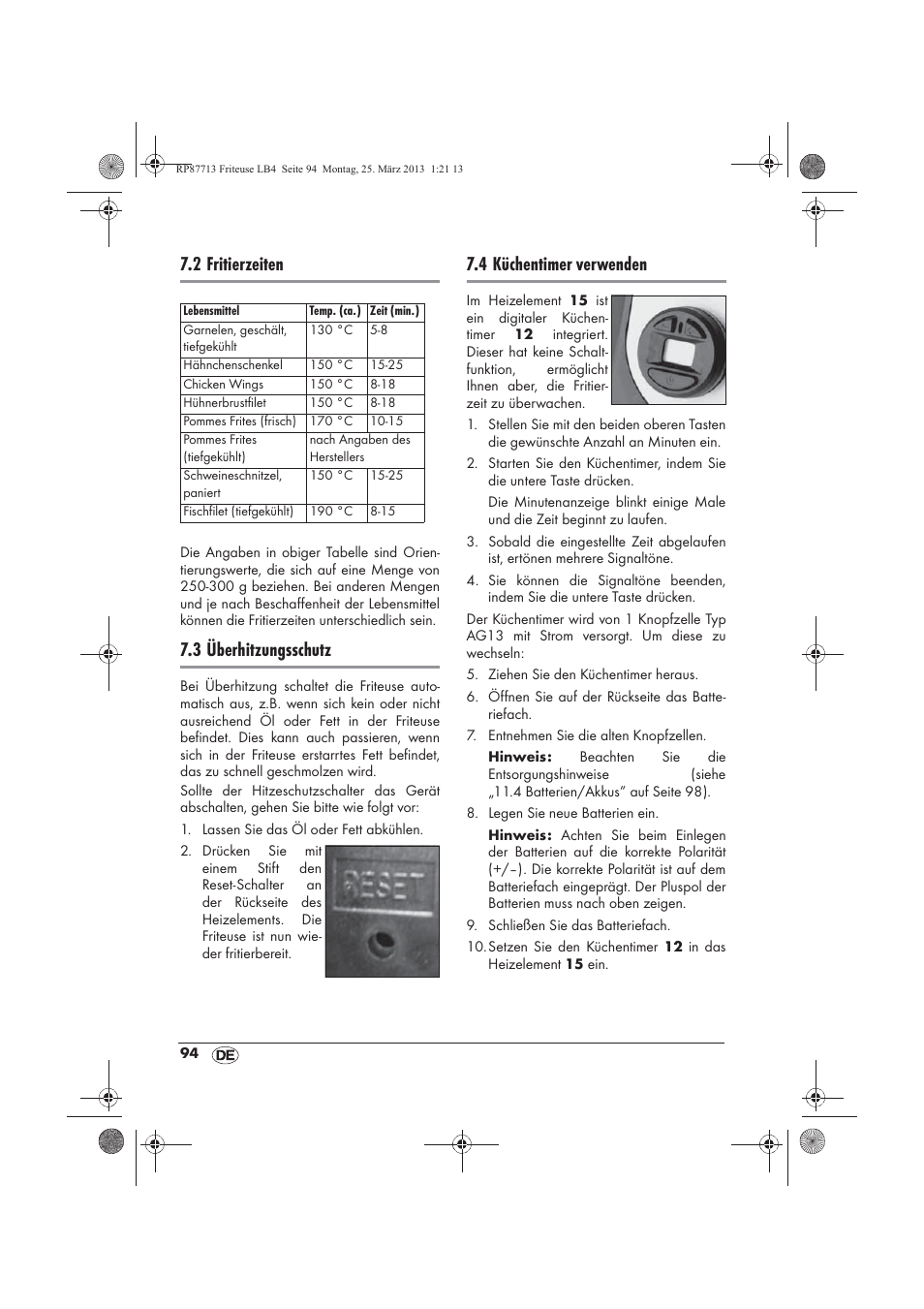 2 fritierzeiten, 3 überhitzungsschutz, 4 küchentimer verwenden | Silvercrest SKF 2800 A1 User Manual | Page 96 / 102