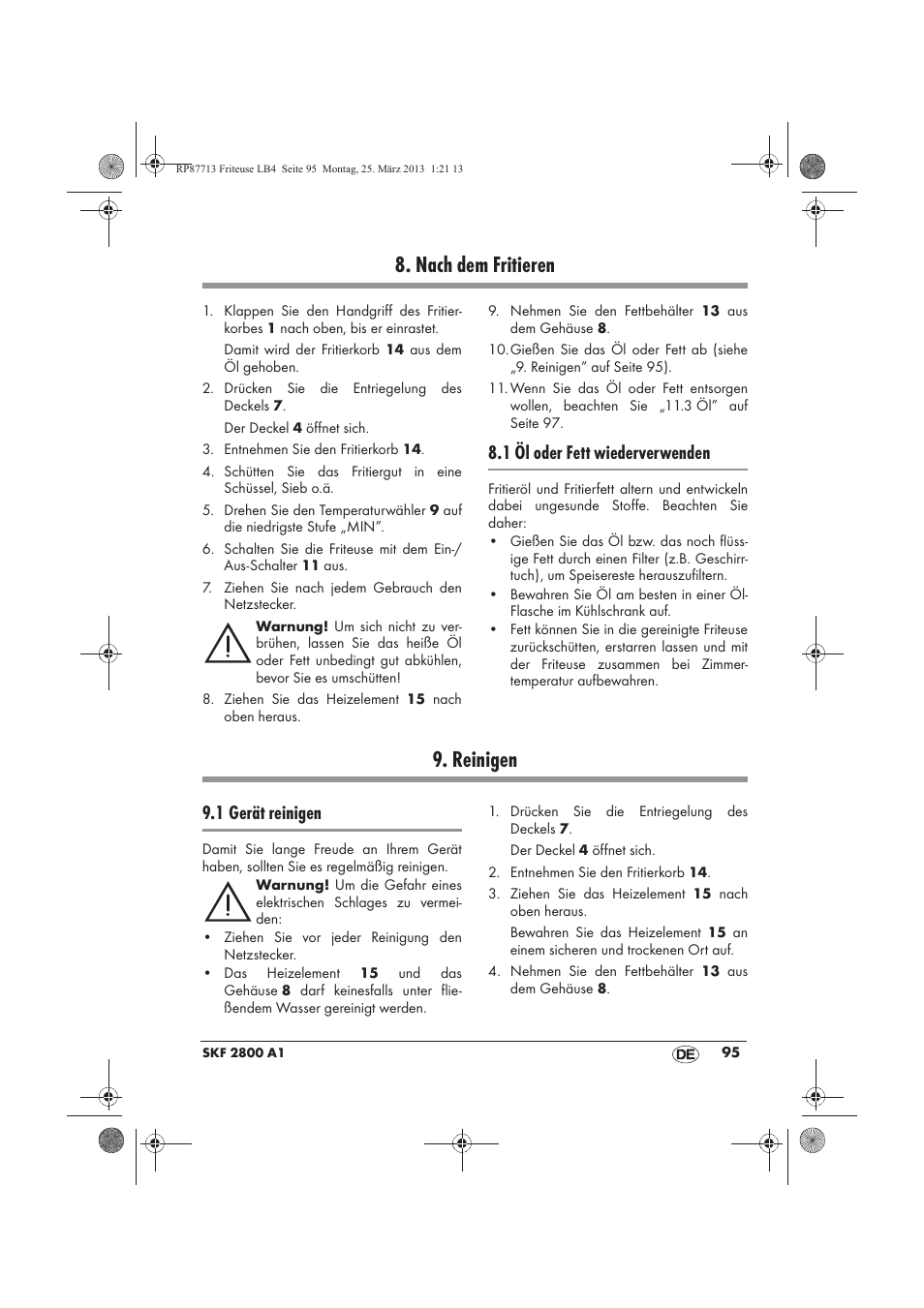 Nach dem fritieren, Reinigen, 1 öl oder fett wiederverwenden | 1 gerät reinigen | Silvercrest SKF 2800 A1 User Manual | Page 97 / 102