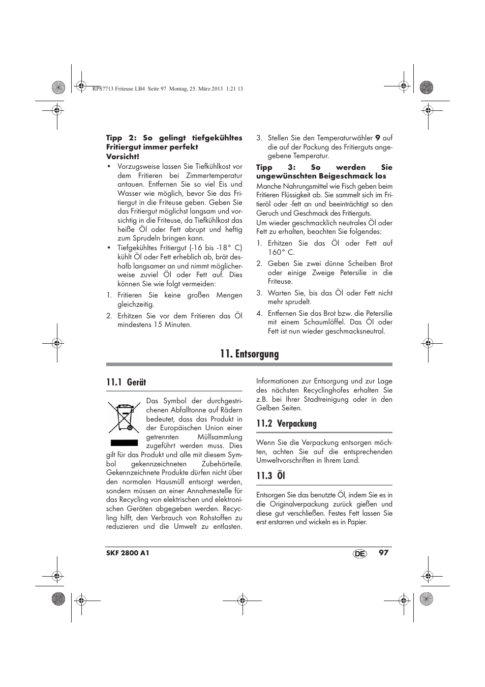 Entsorgung, 1 gerät, 2 verpackung | 3 öl | Silvercrest SKF 2800 A1 User Manual | Page 99 / 102
