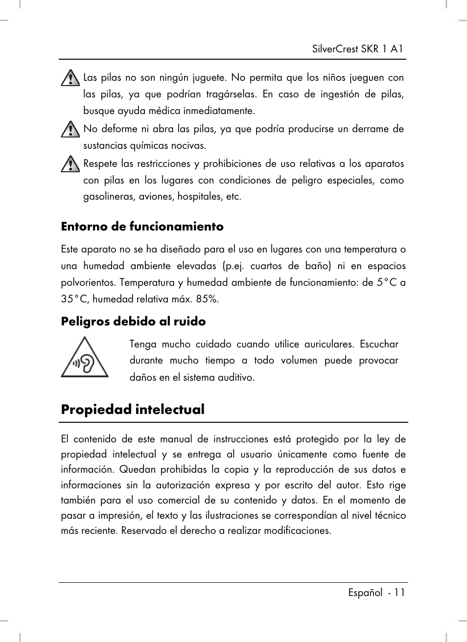 Propiedad intelectual, Entorno de funcionamiento, Peligros debido al ruido | Silvercrest SKR 1 A1 User Manual | Page 13 / 72