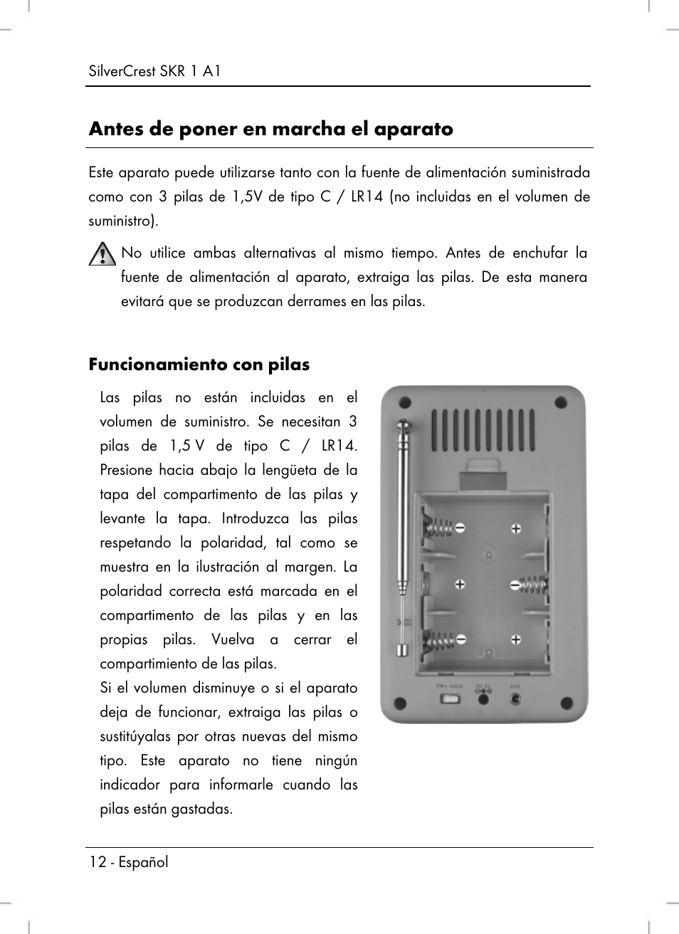Antes de poner en marcha el aparato, Funcionamiento con pilas | Silvercrest SKR 1 A1 User Manual | Page 14 / 72