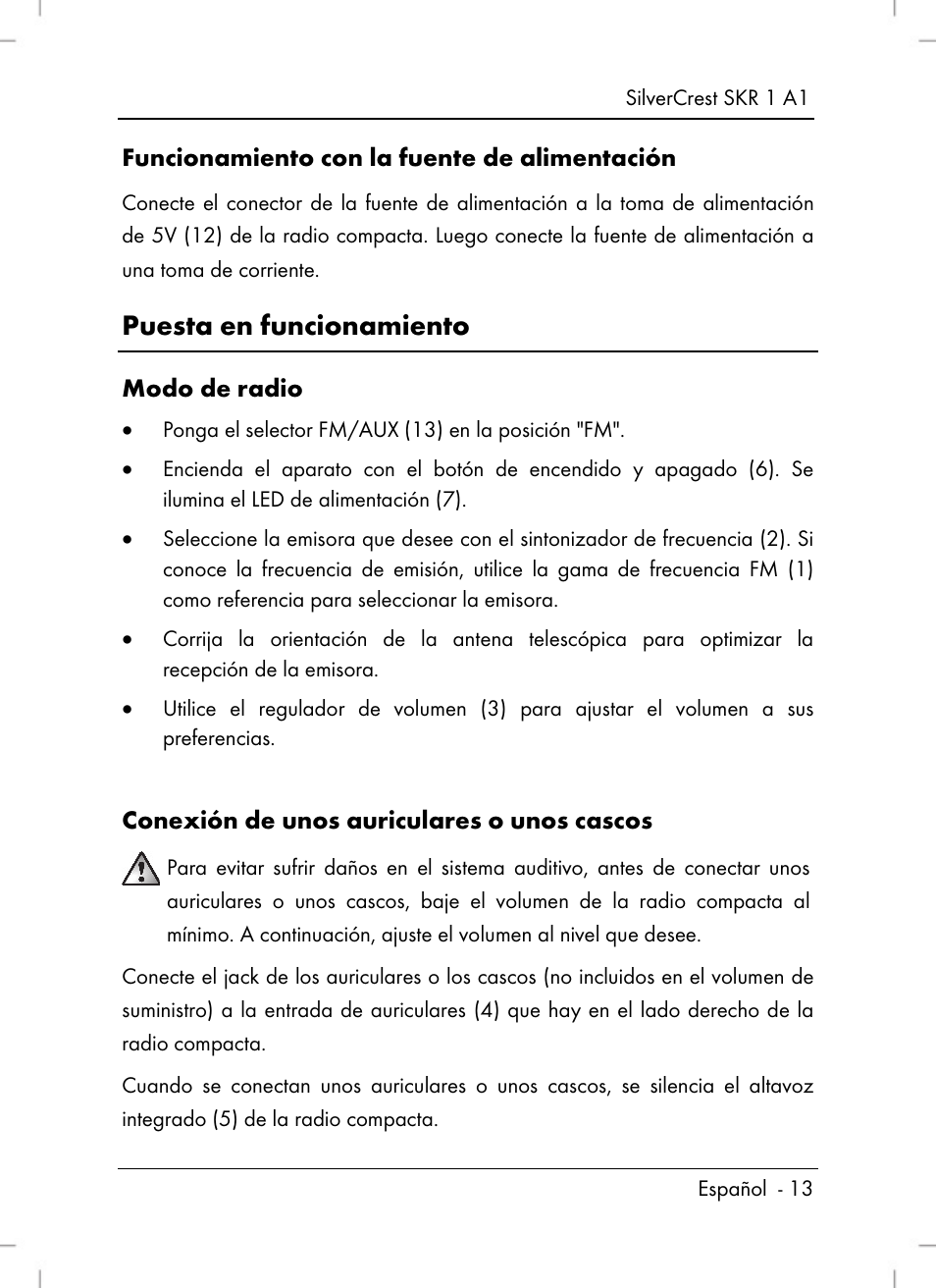 Puesta en funcionamiento, Funcionamiento con la fuente de alimentación, Modo de radio | Conexión de unos auriculares o unos cascos | Silvercrest SKR 1 A1 User Manual | Page 15 / 72