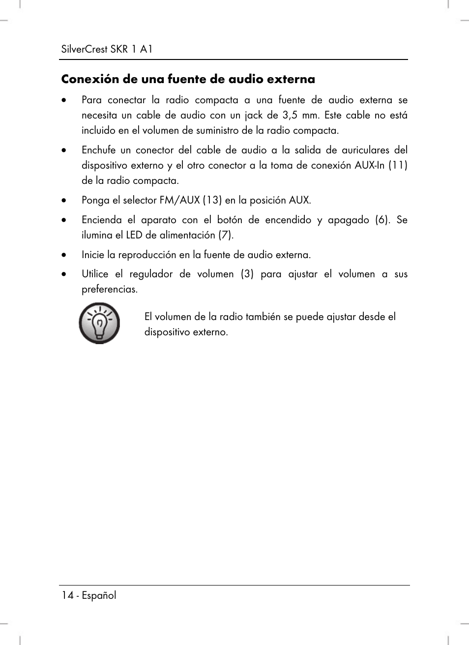 Conexión de una fuente de audio externa | Silvercrest SKR 1 A1 User Manual | Page 16 / 72