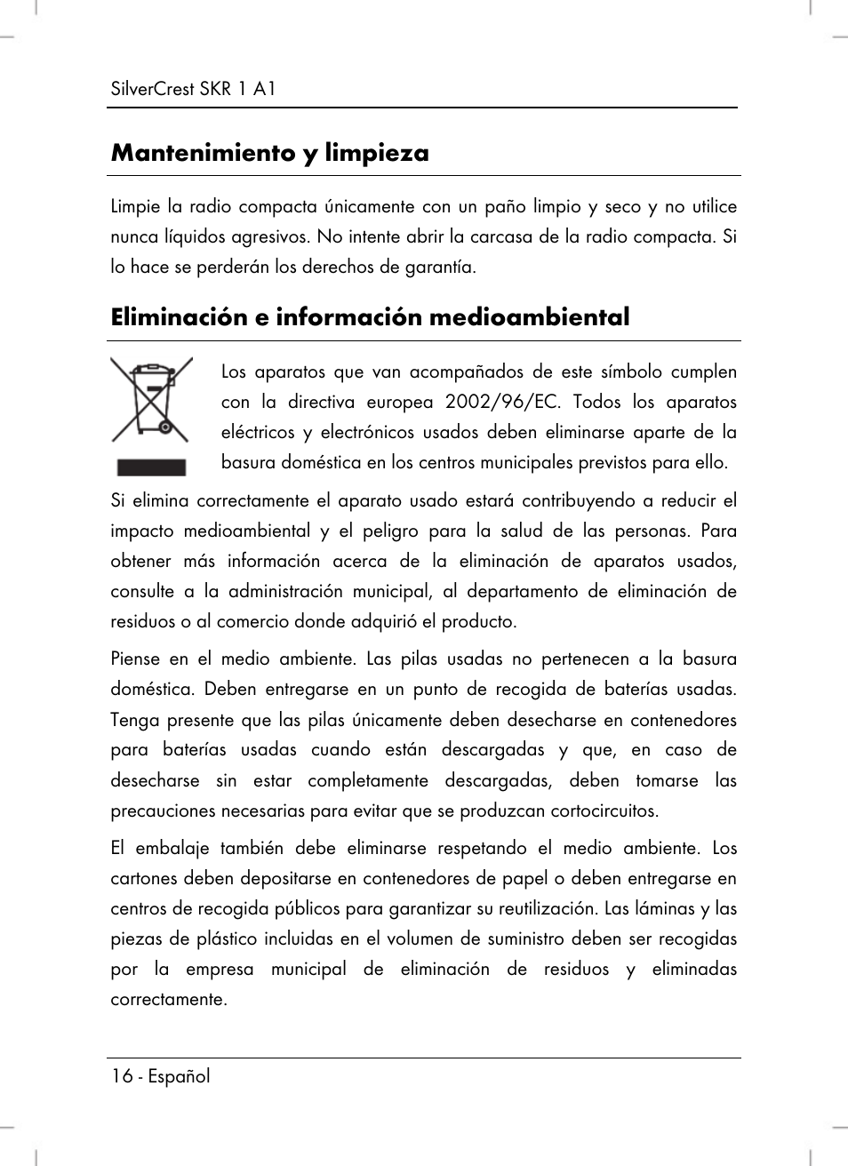 Mantenimiento y limpieza, Eliminación e información medioambiental | Silvercrest SKR 1 A1 User Manual | Page 18 / 72