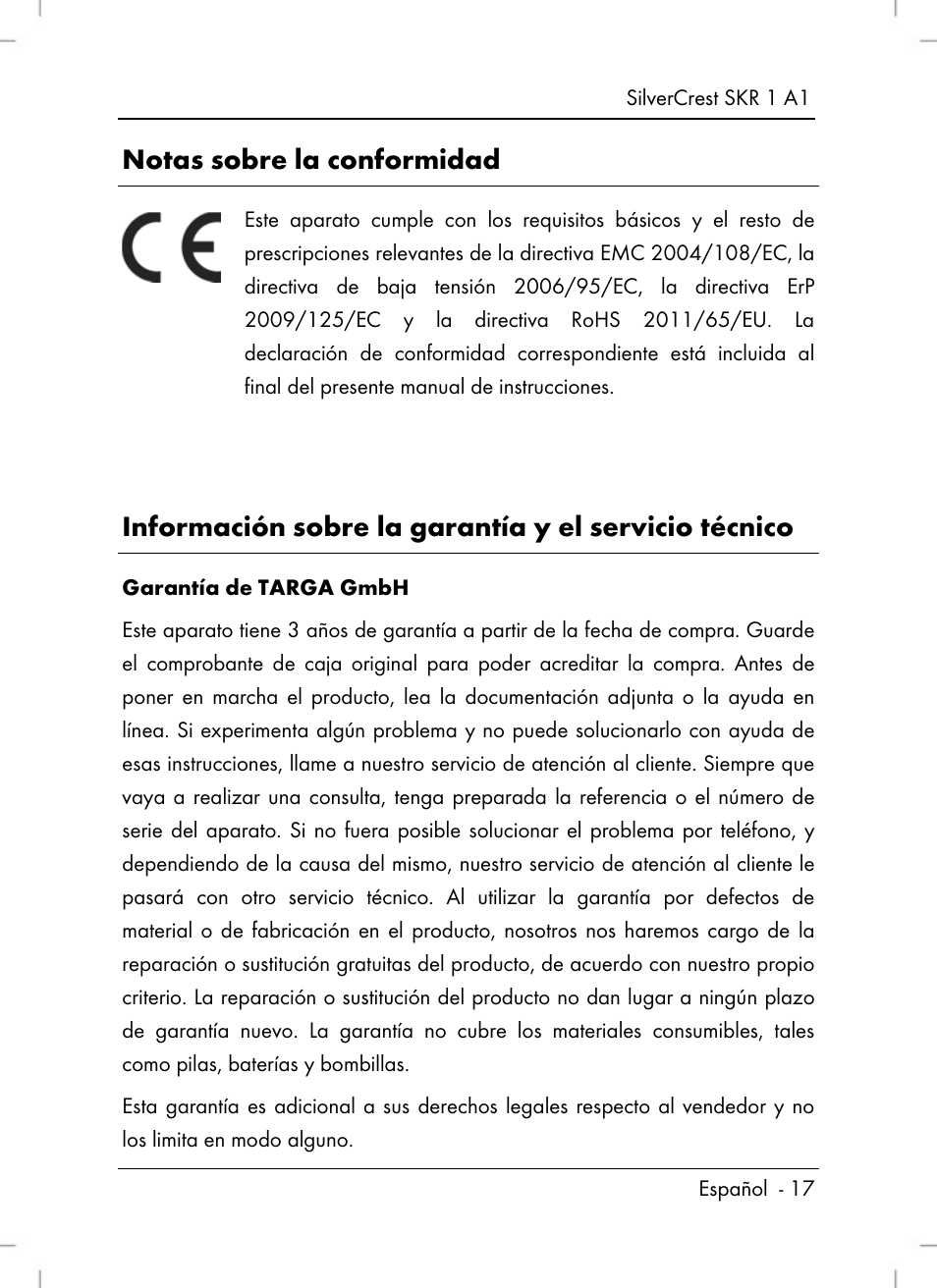 Notas sobre la conformidad | Silvercrest SKR 1 A1 User Manual | Page 19 / 72