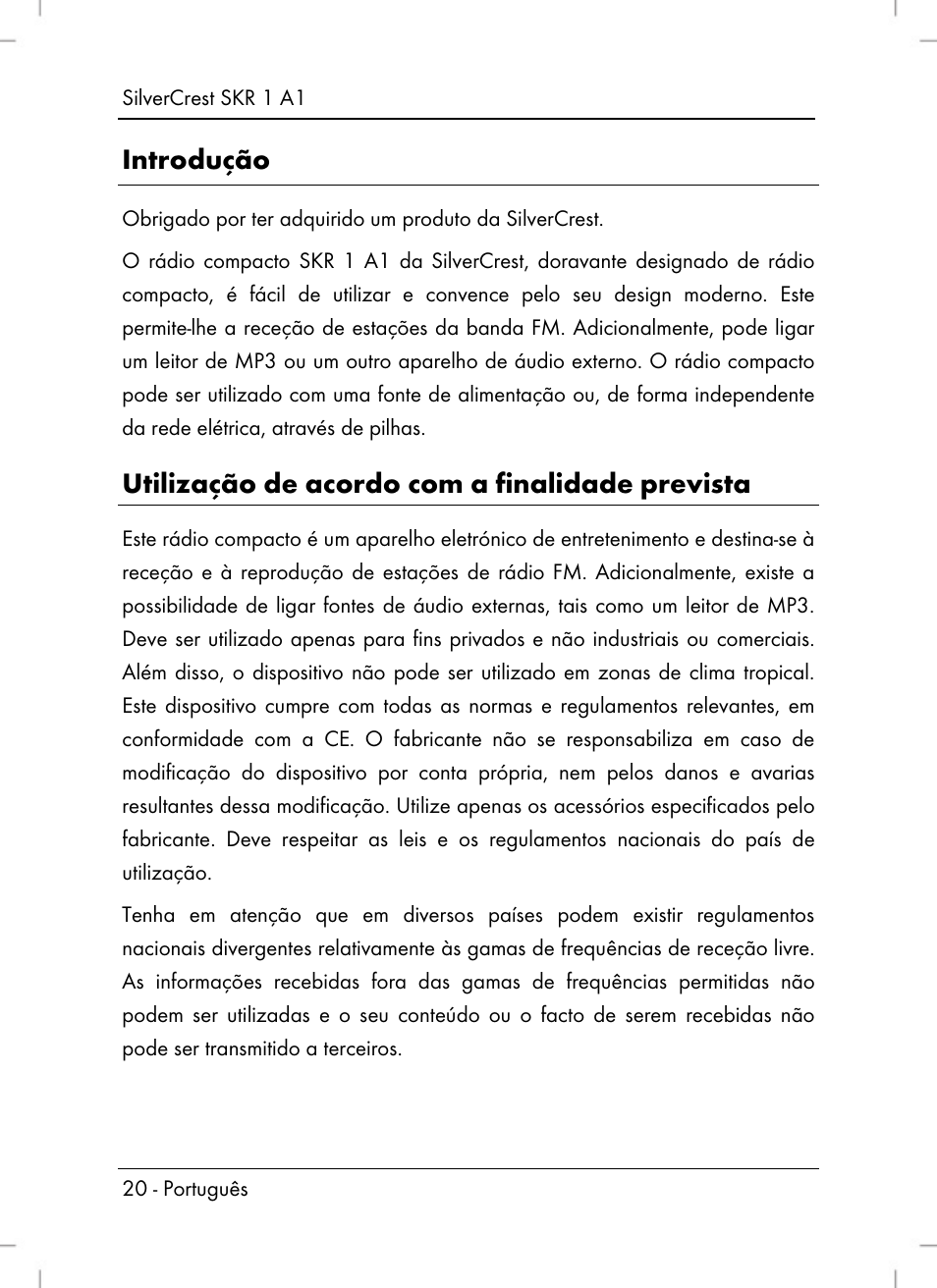 Introdução, Utilização de acordo com a finalidade prevista | Silvercrest SKR 1 A1 User Manual | Page 22 / 72