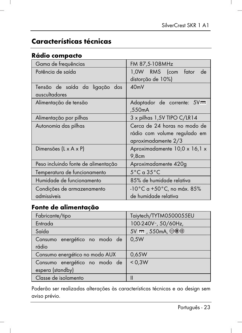 Características técnicas, Rádio compacto, Fonte de alimentação | Silvercrest SKR 1 A1 User Manual | Page 25 / 72