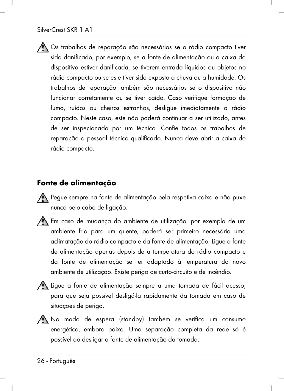 Fonte de alimentação | Silvercrest SKR 1 A1 User Manual | Page 28 / 72