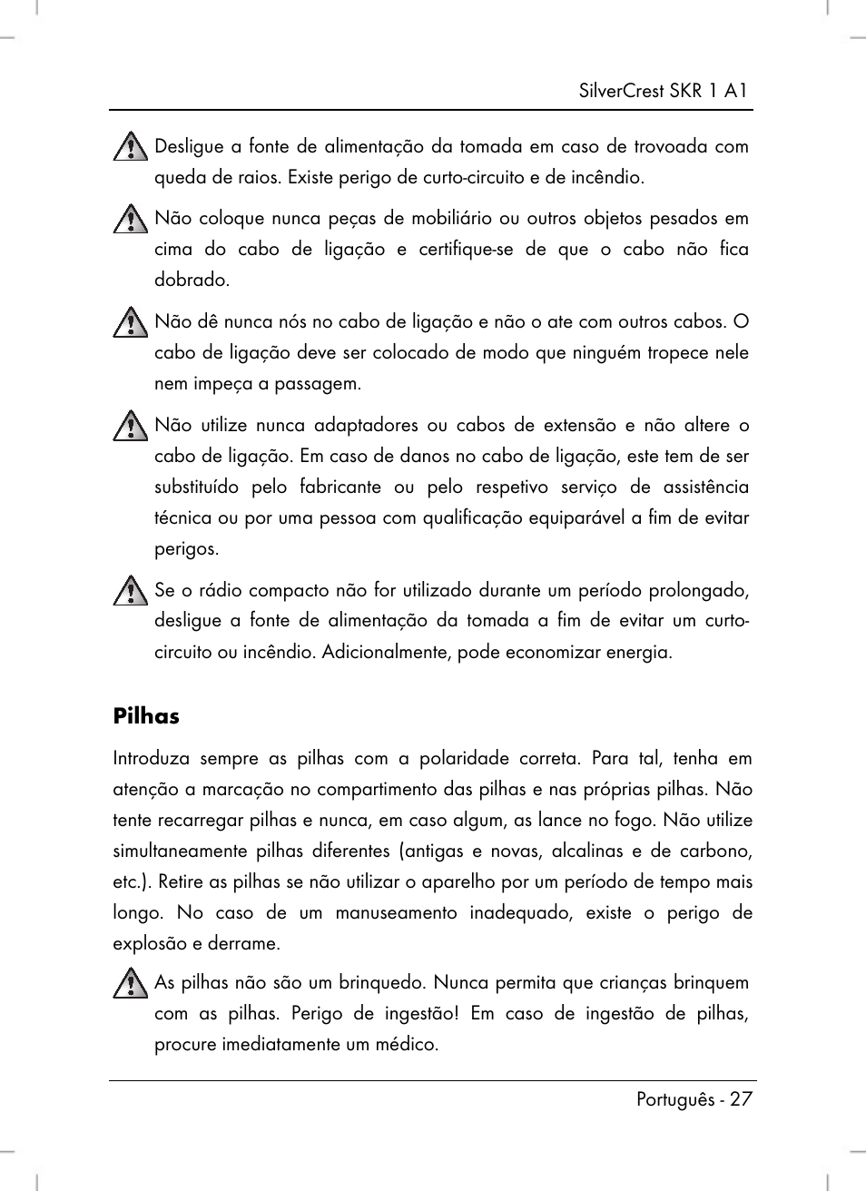 Pilhas | Silvercrest SKR 1 A1 User Manual | Page 29 / 72