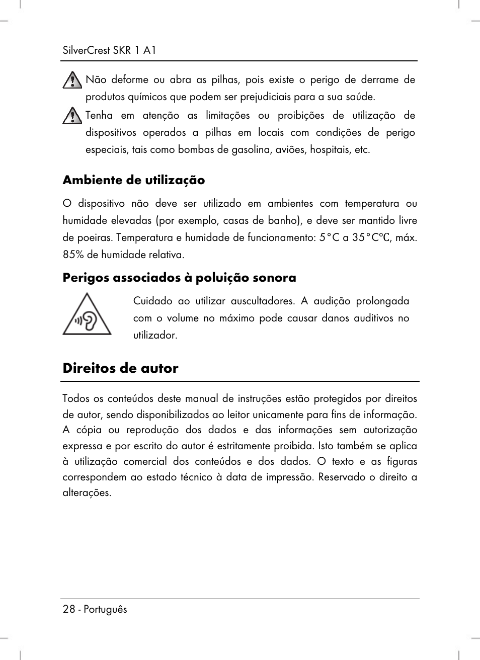 Direitos de autor, Ambiente de utilização, Perigos associados à poluição sonora | Silvercrest SKR 1 A1 User Manual | Page 30 / 72