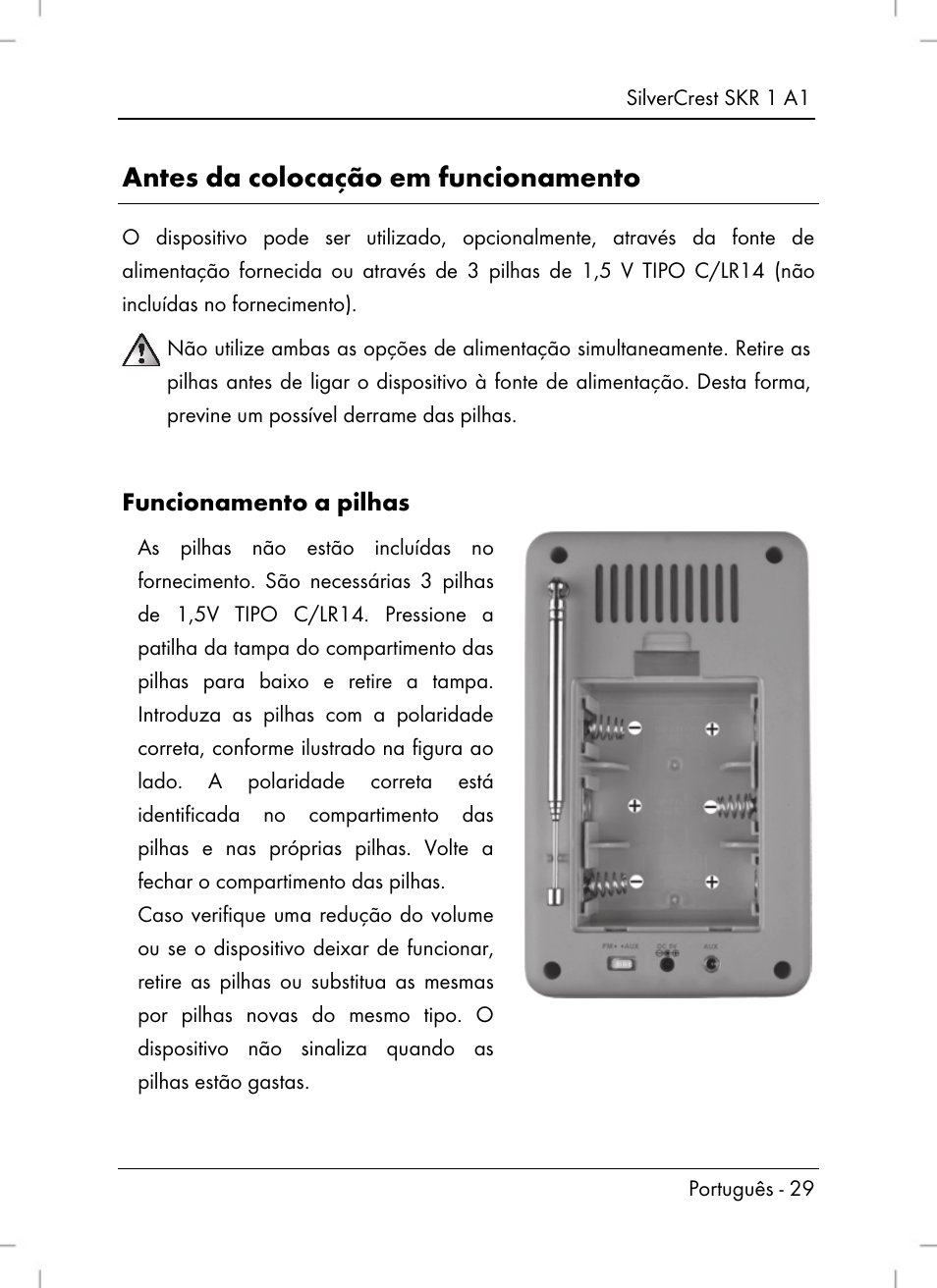 Antes da colocação em funcionamento, Funcionamento a pilhas | Silvercrest SKR 1 A1 User Manual | Page 31 / 72