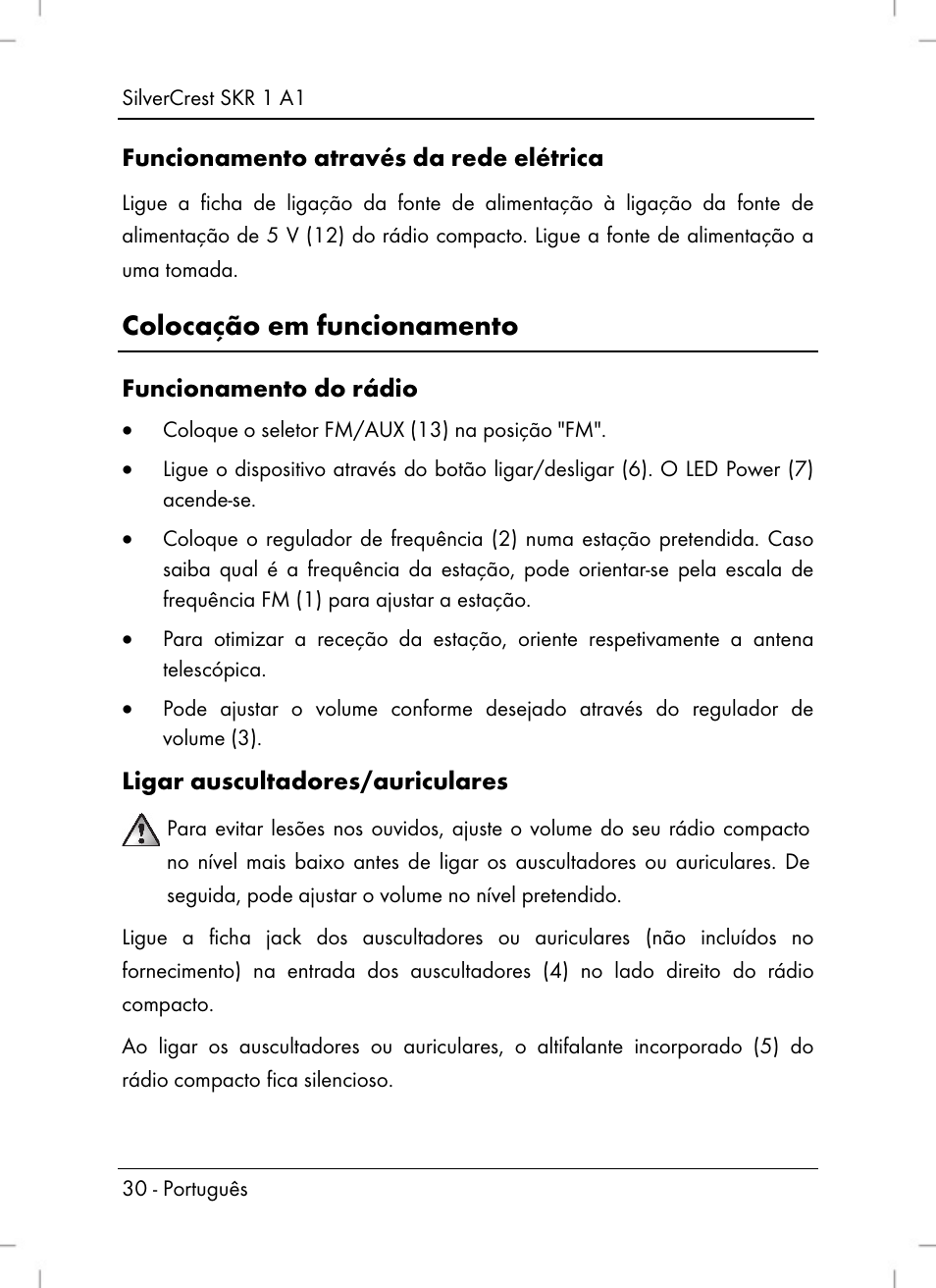 Colocação em funcionamento, Funcionamento através da rede elétrica, Funcionamento do rádio | Ligar auscultadores/auriculares | Silvercrest SKR 1 A1 User Manual | Page 32 / 72