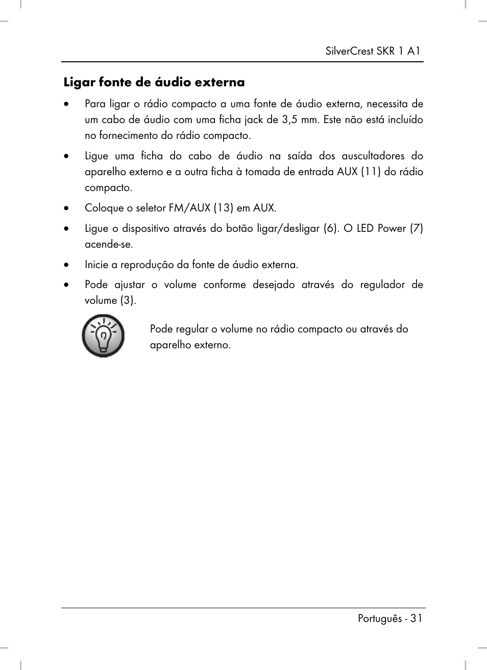 Ligar fonte de áudio externa | Silvercrest SKR 1 A1 User Manual | Page 33 / 72