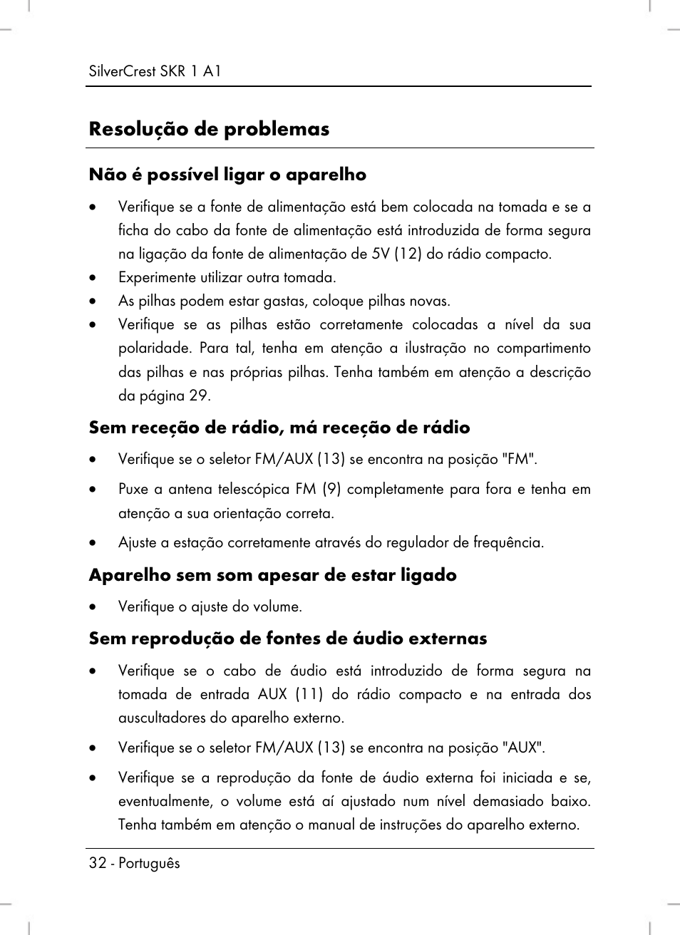 Resolução de problemas | Silvercrest SKR 1 A1 User Manual | Page 34 / 72