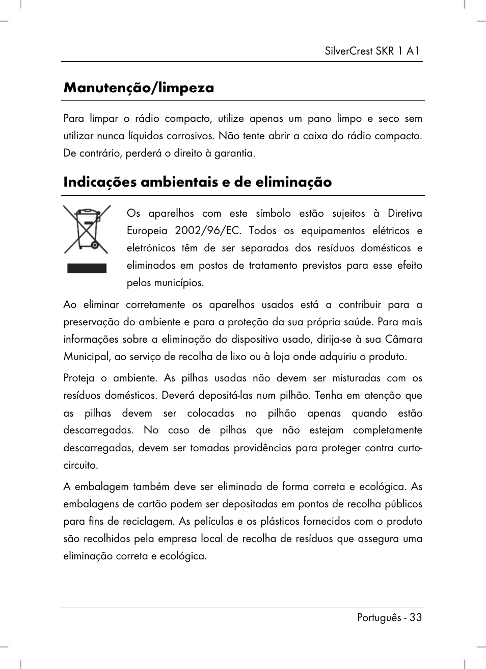 Manutenção/limpeza, Indicações ambientais e de eliminação | Silvercrest SKR 1 A1 User Manual | Page 35 / 72