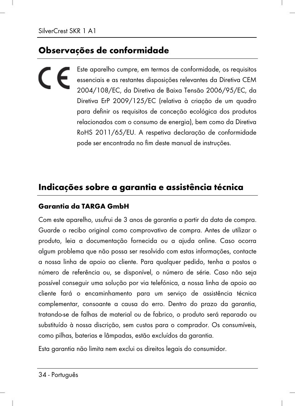 Observações de conformidade, Indicações sobre a garantia e assistência técnica | Silvercrest SKR 1 A1 User Manual | Page 36 / 72