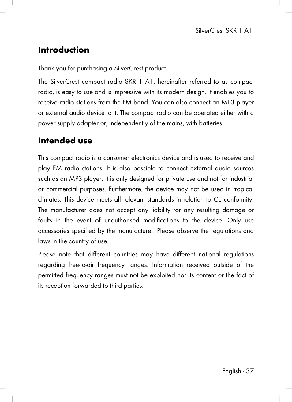 Introduction, Intended use | Silvercrest SKR 1 A1 User Manual | Page 39 / 72