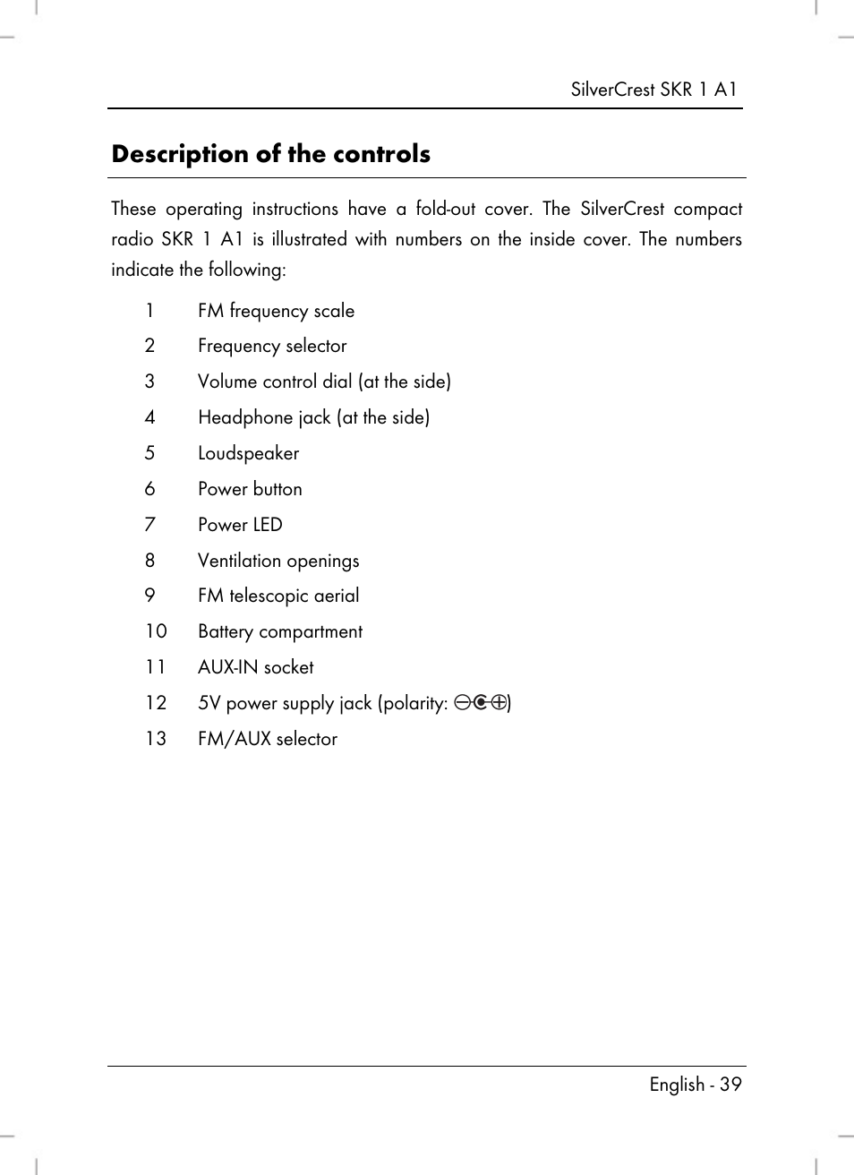 Description of the controls | Silvercrest SKR 1 A1 User Manual | Page 41 / 72
