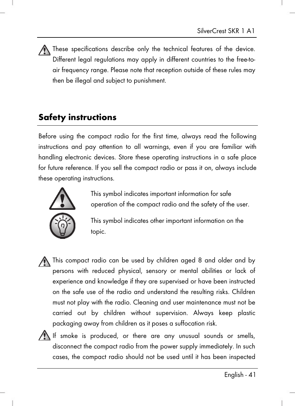 Safety instructions | Silvercrest SKR 1 A1 User Manual | Page 43 / 72