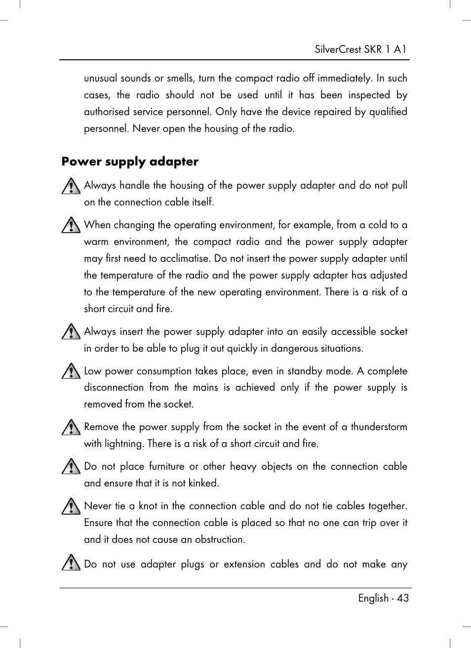 Power supply adapter | Silvercrest SKR 1 A1 User Manual | Page 45 / 72