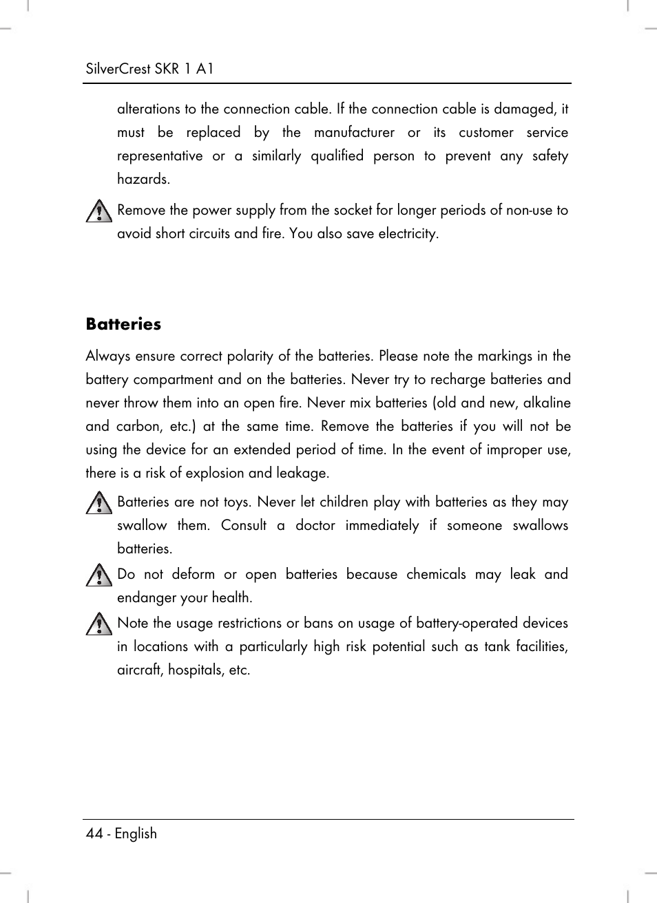Batteries | Silvercrest SKR 1 A1 User Manual | Page 46 / 72