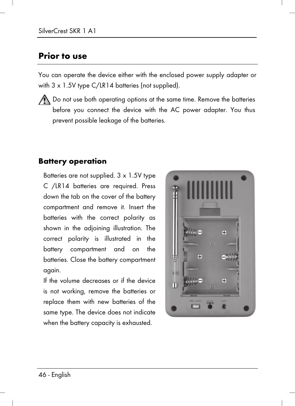 Prior to use, Battery operation | Silvercrest SKR 1 A1 User Manual | Page 48 / 72