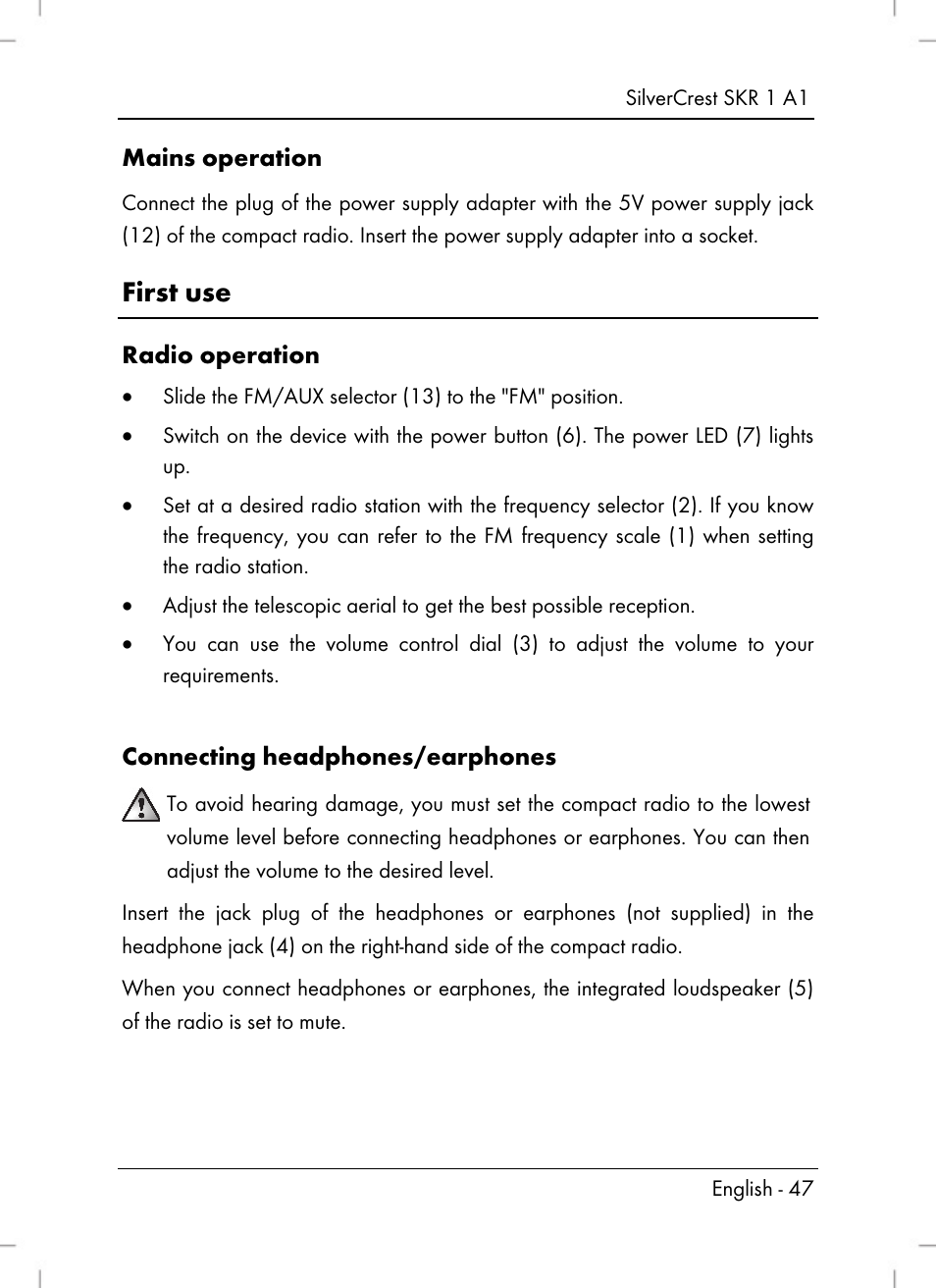 First use, Mains operation, Radio operation | Connecting headphones/earphones | Silvercrest SKR 1 A1 User Manual | Page 49 / 72