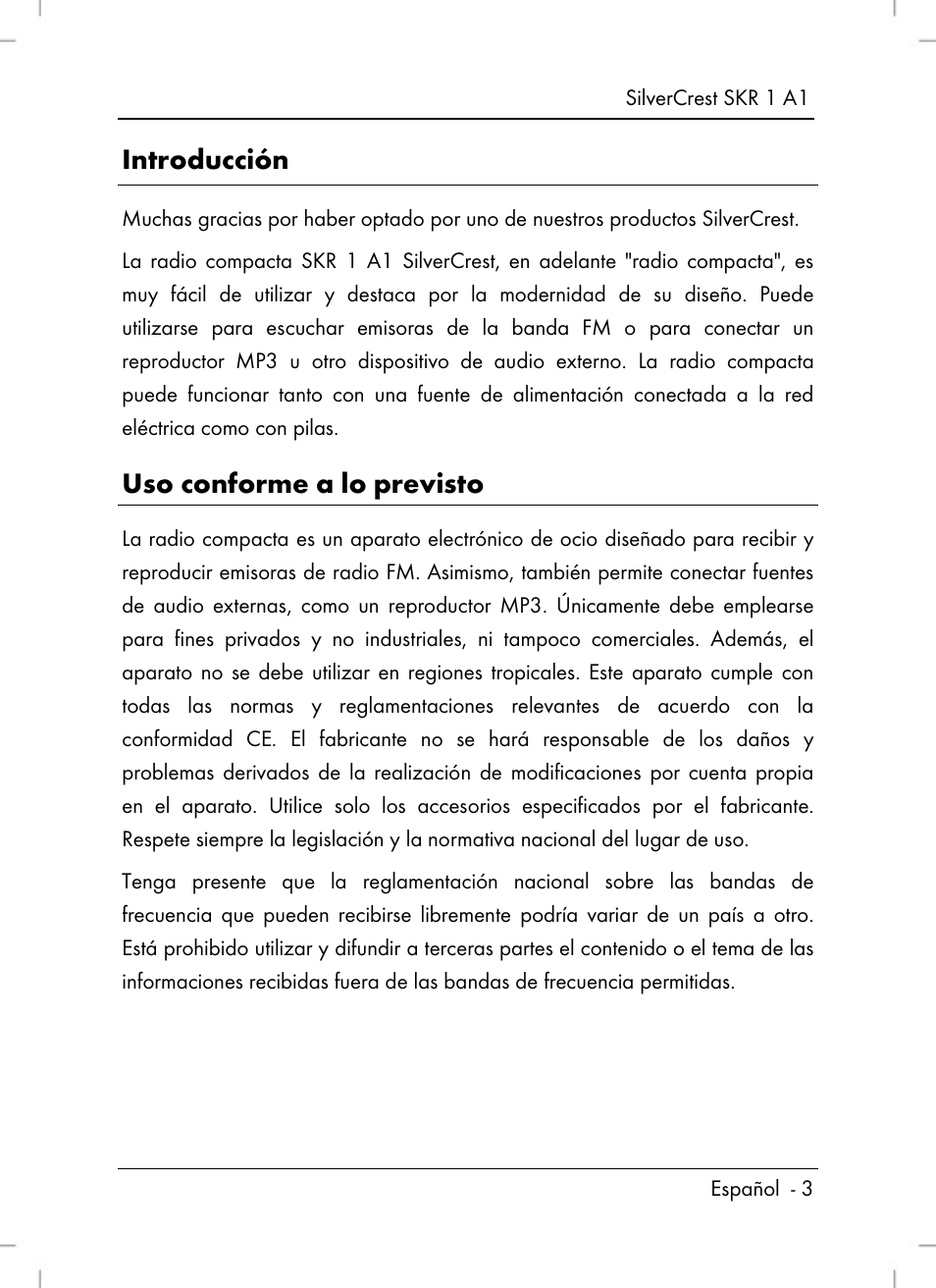 Introducción, Uso conforme a lo previsto | Silvercrest SKR 1 A1 User Manual | Page 5 / 72