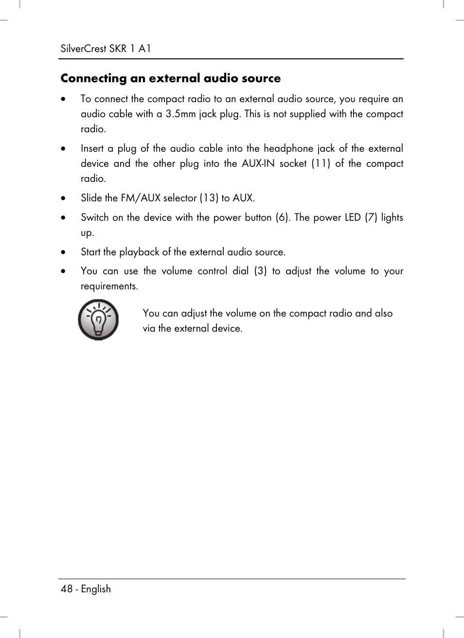 Connecting an external audio source | Silvercrest SKR 1 A1 User Manual | Page 50 / 72