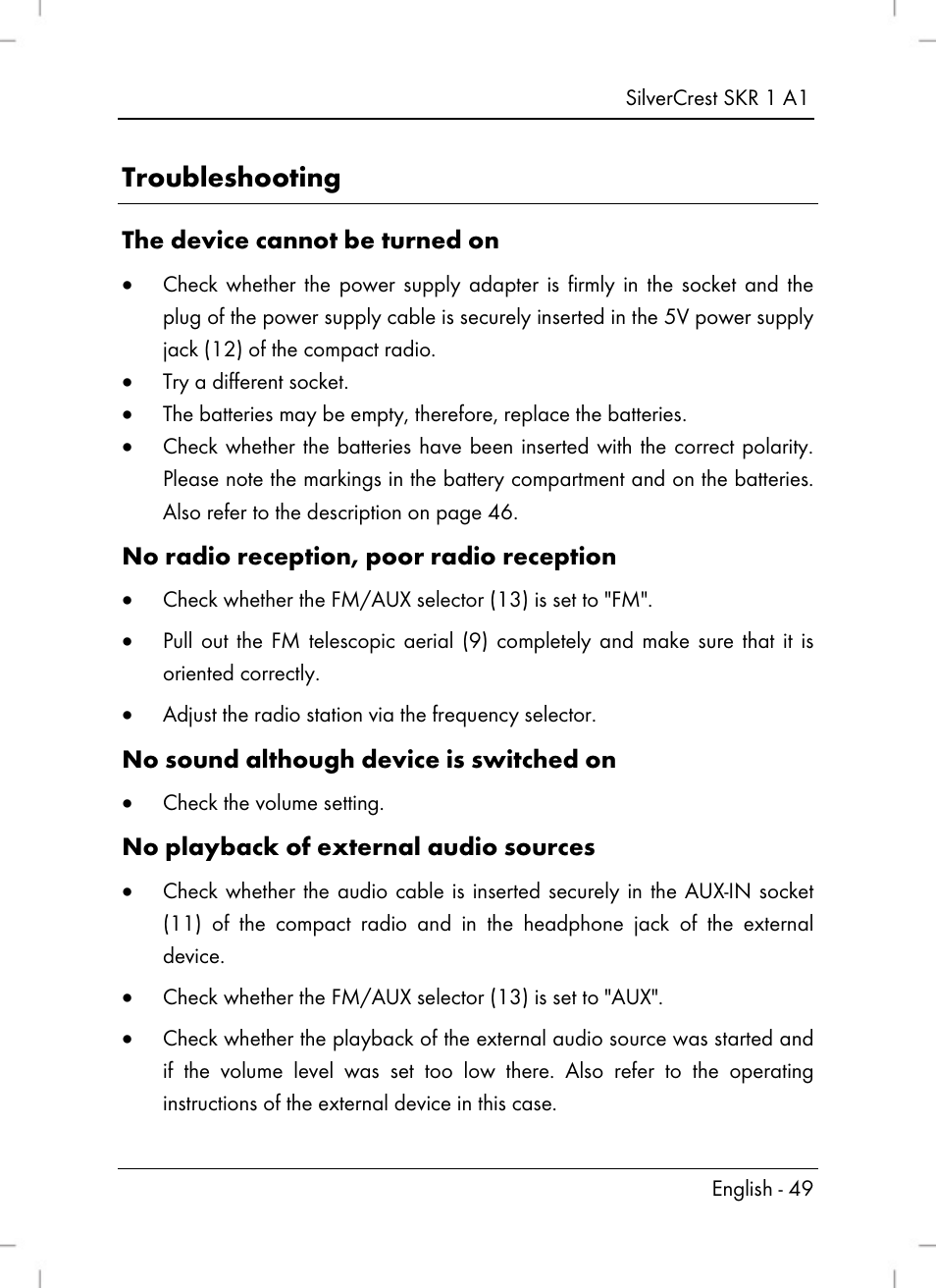 Troubleshooting | Silvercrest SKR 1 A1 User Manual | Page 51 / 72