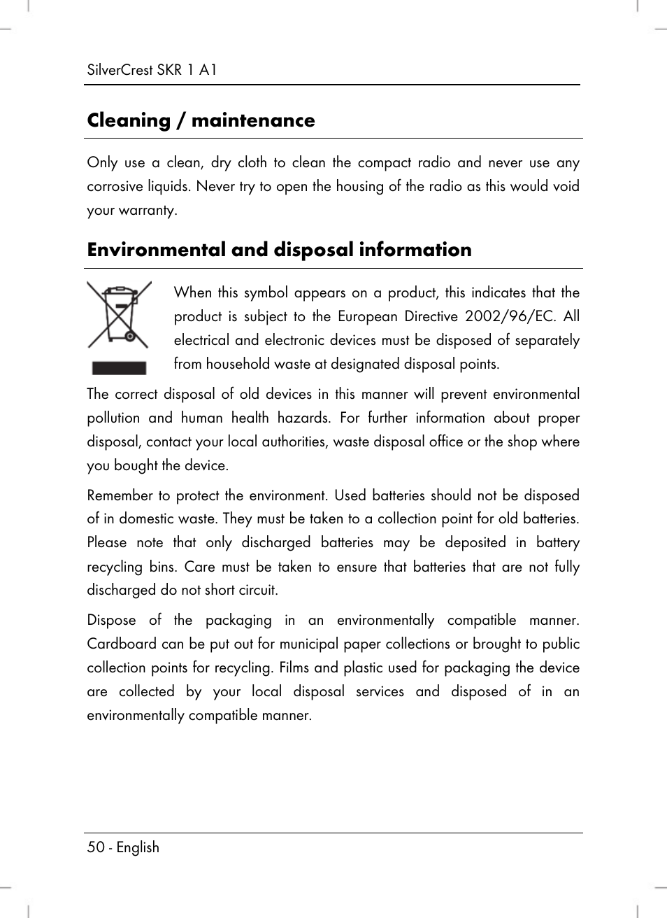 Cleaning / maintenance, Environmental and disposal information | Silvercrest SKR 1 A1 User Manual | Page 52 / 72
