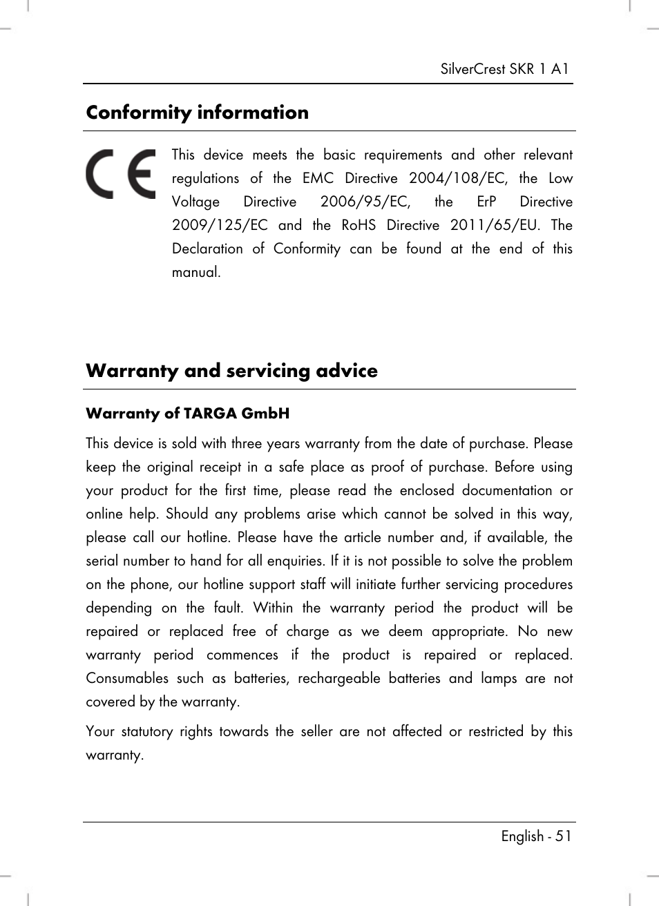 Conformity information, Warranty and servicing advice | Silvercrest SKR 1 A1 User Manual | Page 53 / 72