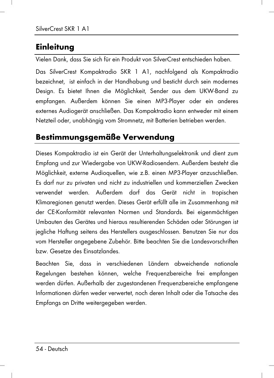 Einleitung, Bestimmungsgemäße verwendung | Silvercrest SKR 1 A1 User Manual | Page 56 / 72