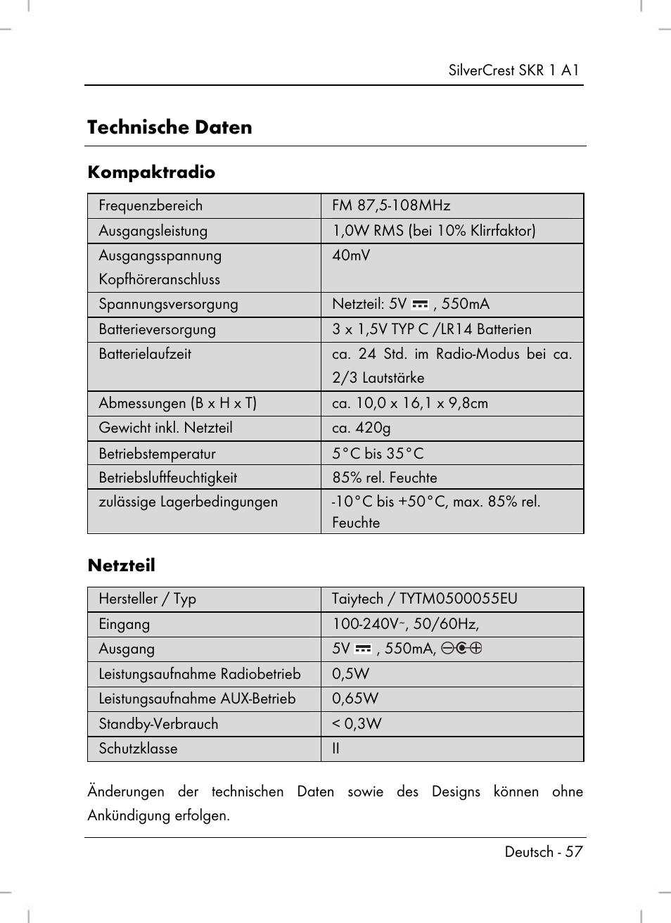 Technische daten, Kompaktradio, Netzteil | Silvercrest SKR 1 A1 User Manual | Page 59 / 72