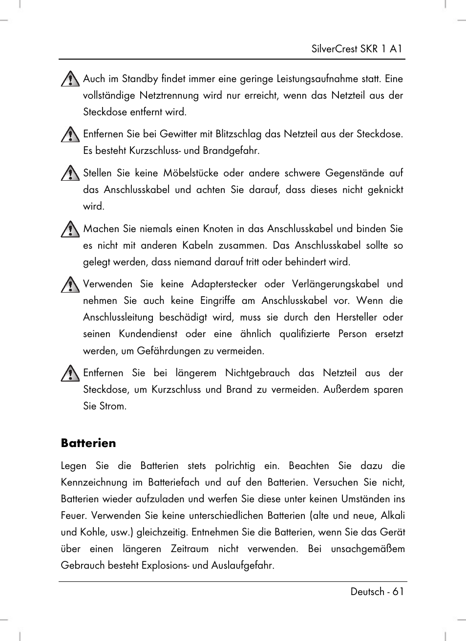 Batterien | Silvercrest SKR 1 A1 User Manual | Page 63 / 72