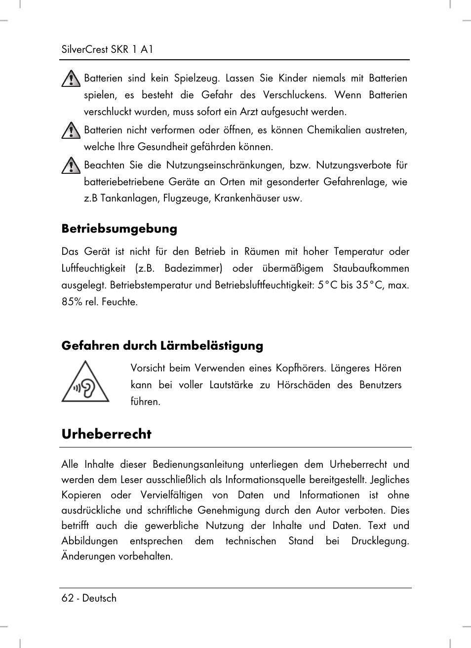 Urheberrecht, Betriebsumgebung, Gefahren durch lärmbelästigung | Silvercrest SKR 1 A1 User Manual | Page 64 / 72