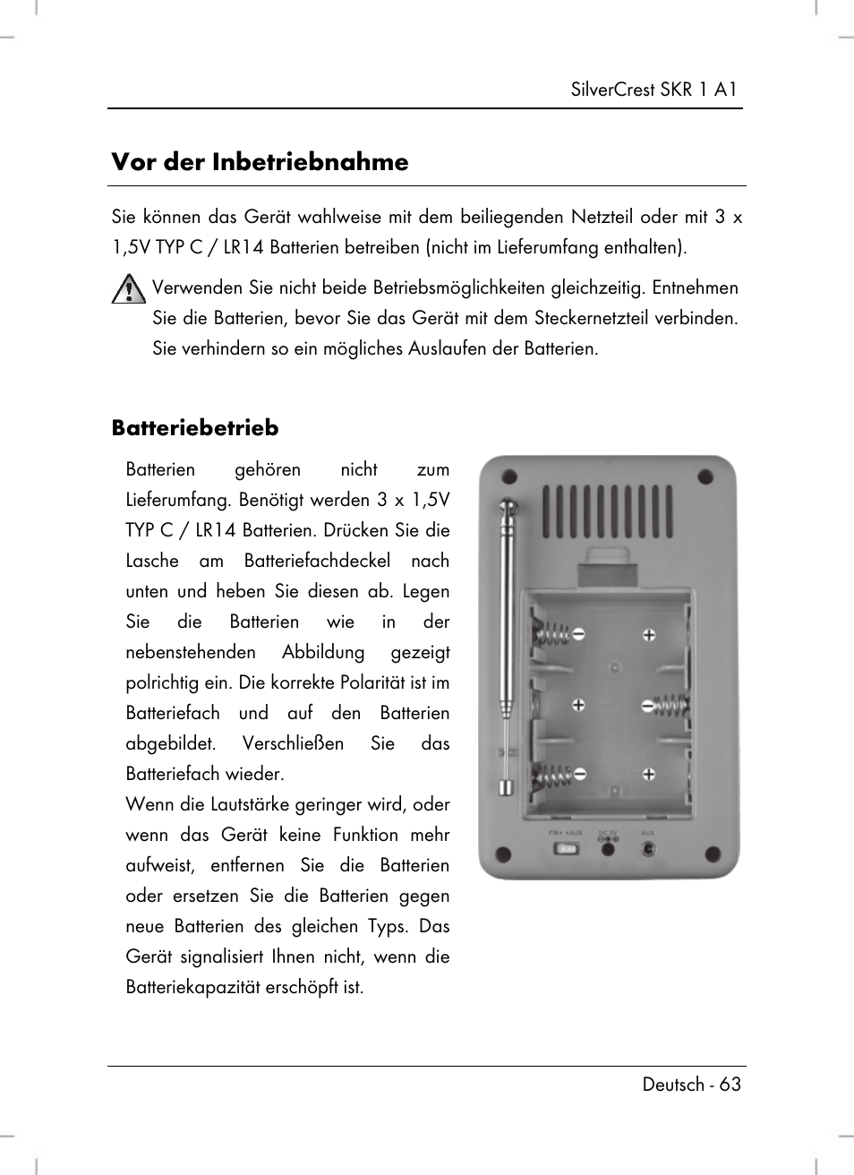 Vor der inbetriebnahme, Batteriebetrieb | Silvercrest SKR 1 A1 User Manual | Page 65 / 72